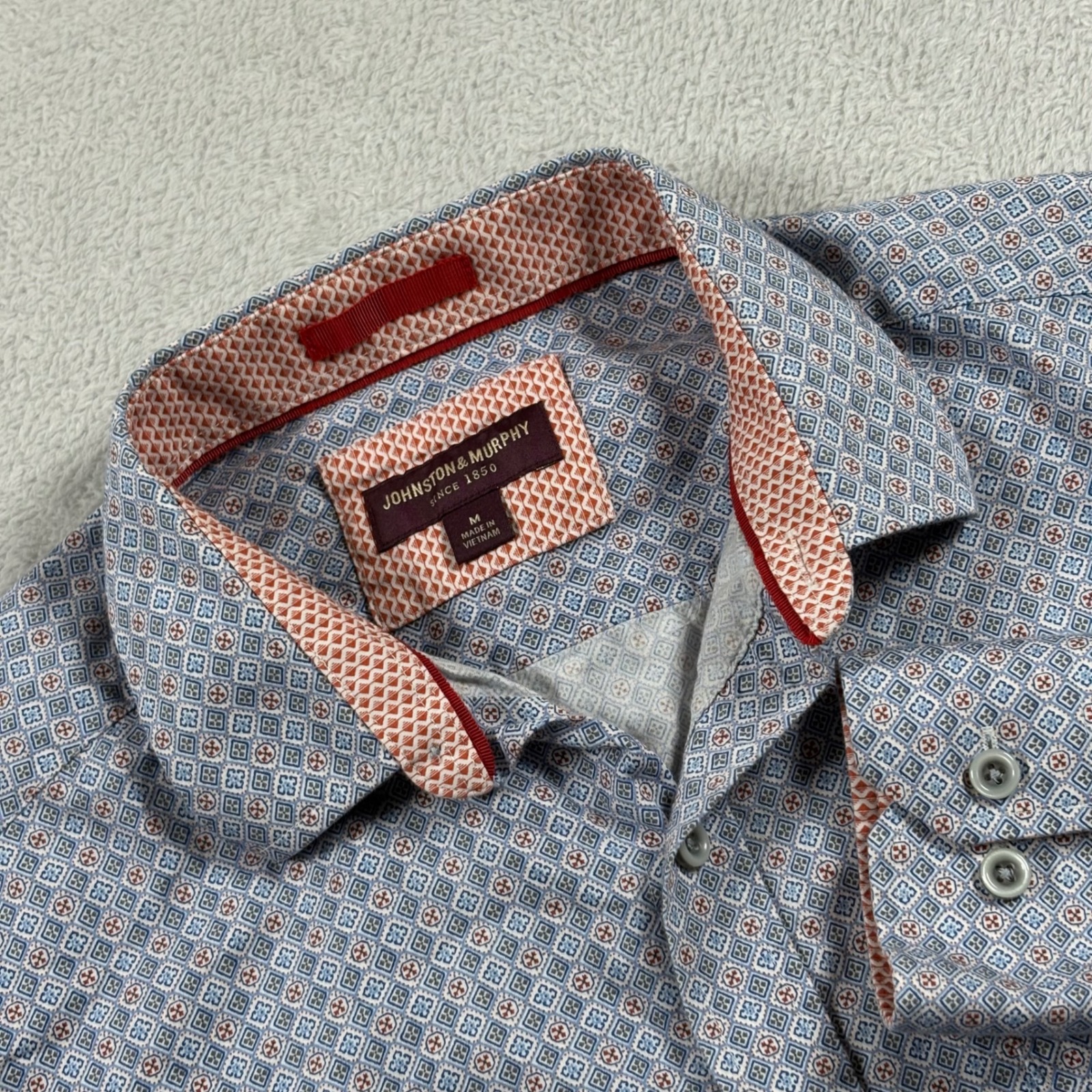 Johnston & Murphy Mens Blue Orange Geometric Tile Print Button Down Shirt M